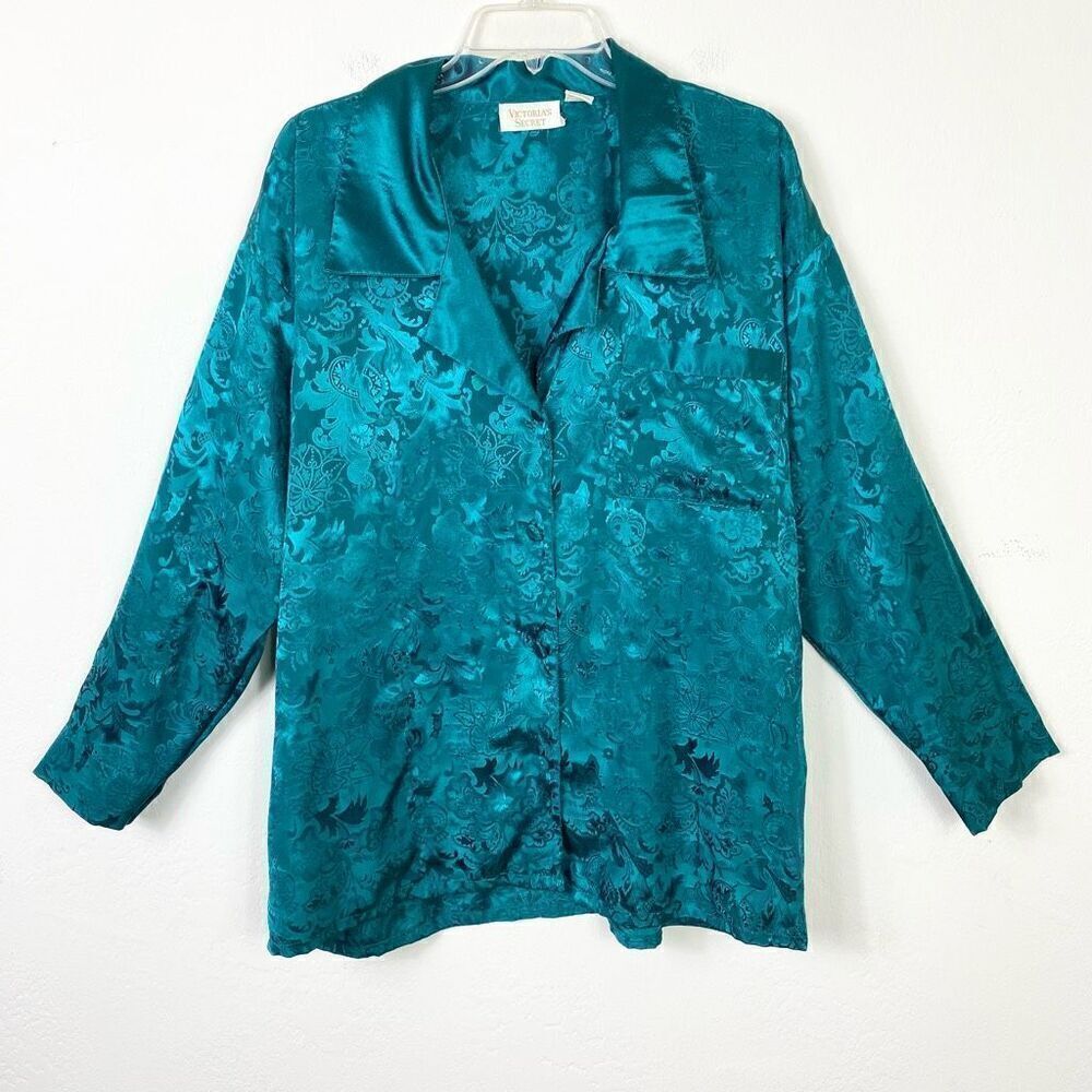 Vintage Victoria’s Secret Gold Label Teal Jacquard Floral Button Up Pajama Shirt